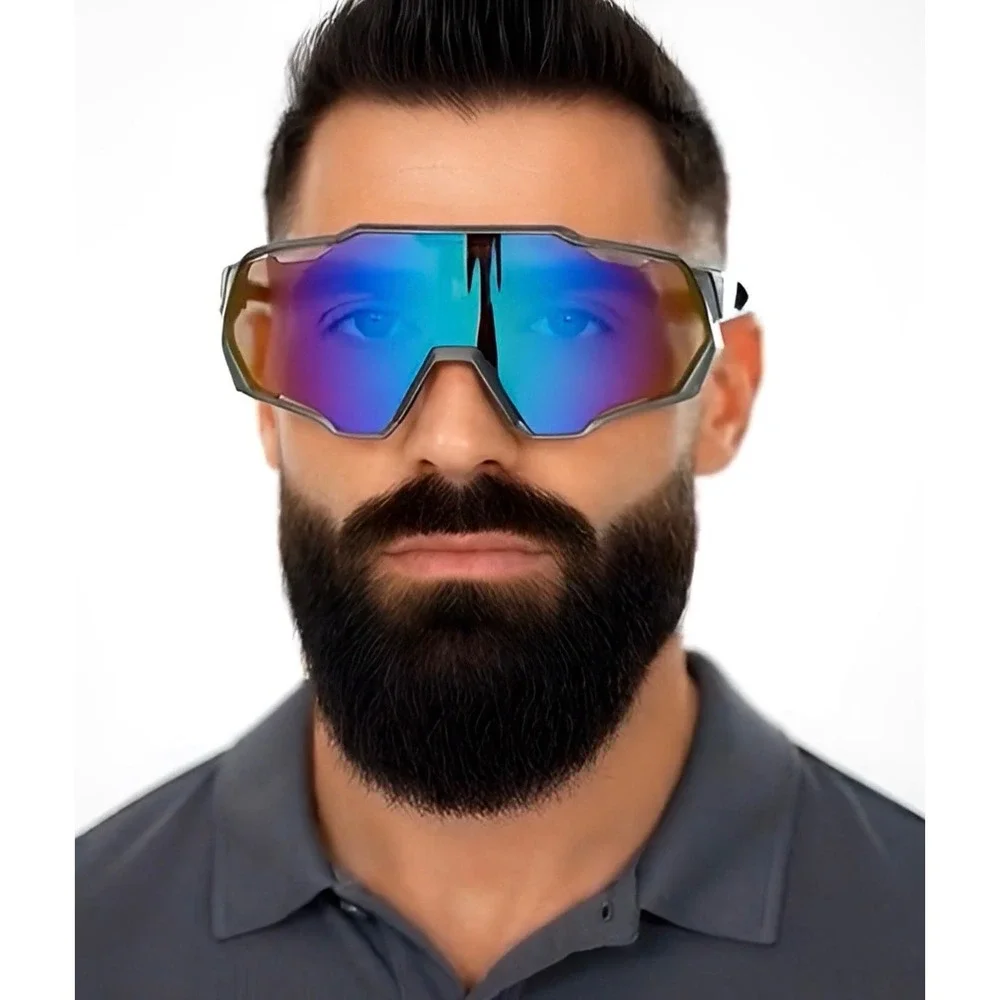 Mens Sport Shield Cycling Sunglasses Translucent Grey Iridescent Mirror Lens New